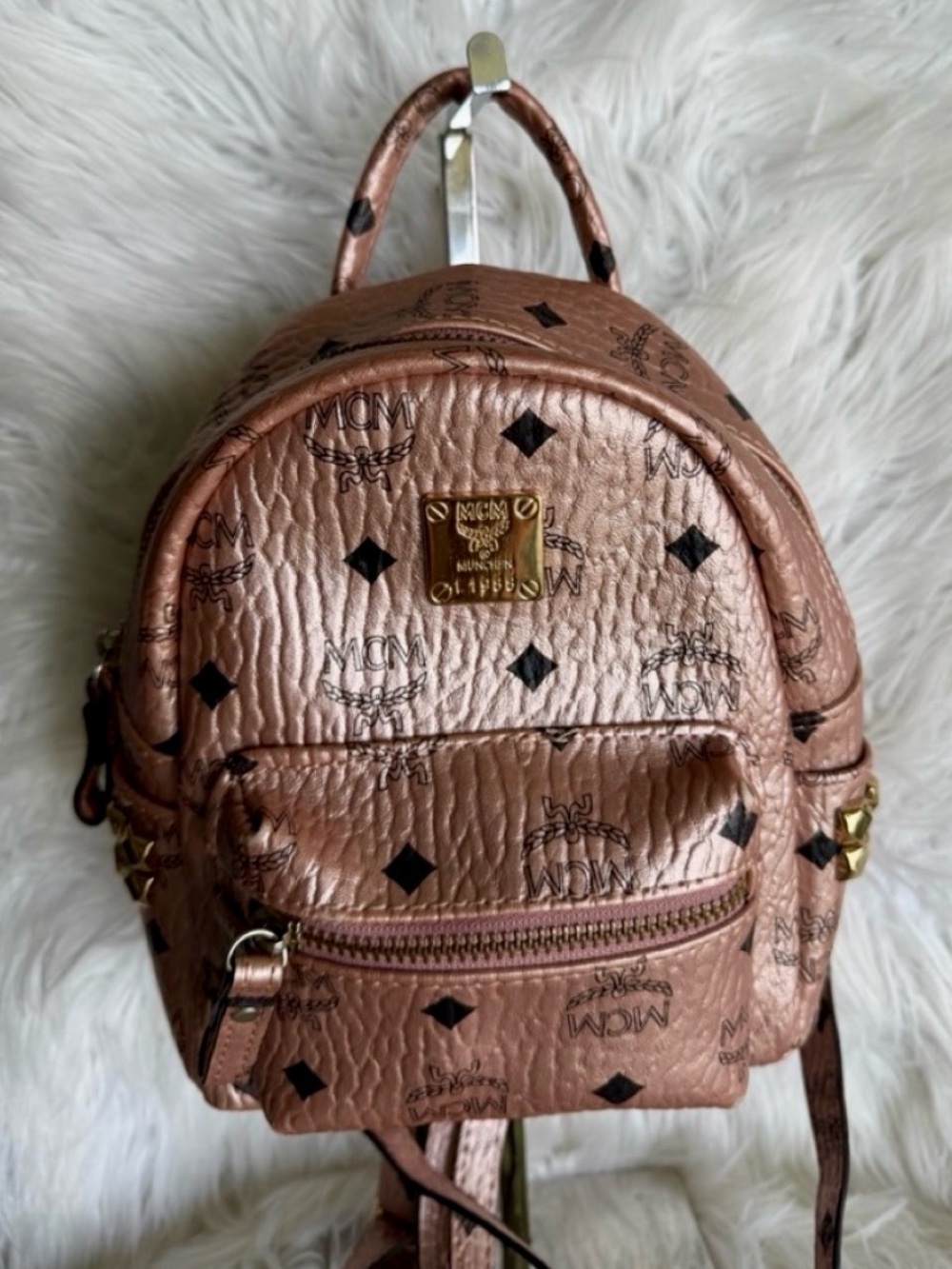 MCM Stark Bebe Boo X-Mini Backpack Metallic Rose Monogram Pink Visetos Leather
